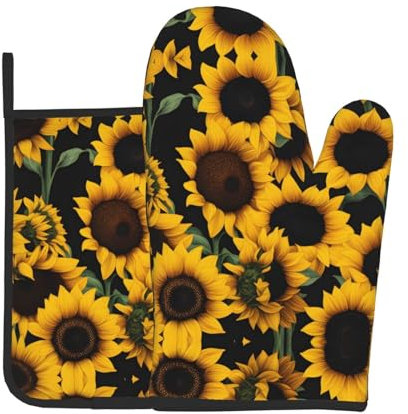 YYHWHJDE Set di 2 guanti da forno e presine con stampa di girasole su sfondo nero, per aprire i coperchi delle pentole in cucina