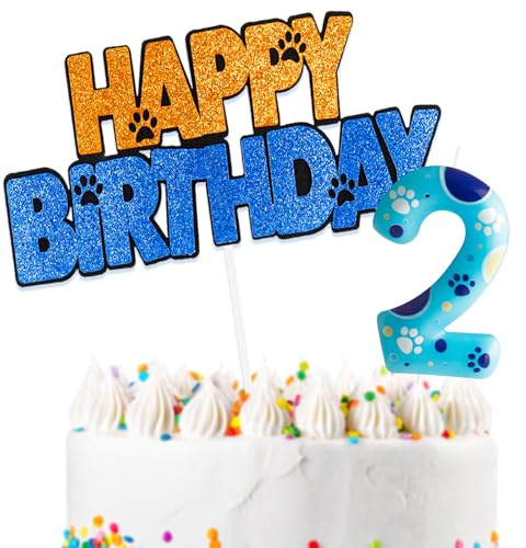 Paw Dog Thema Kuchen Deko mit Happy Birthday Tortendeko und Geburtstagskerzen Zahl 2 für 2.Geburtstag Mädchen Junge Kinder Geburtstagsfeier
