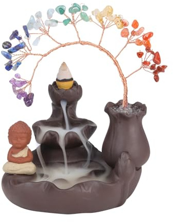GEHECRST Rückfluss Räuchergefäß 7 Chakra Edekstein Lebensbaum und Buddha Deko Geldbaum Feng Shui Baum Deko Räucherstäbchenhalter Weihrauchhalter für Glücksbringer Zimmer Tisch Büro Dekoration