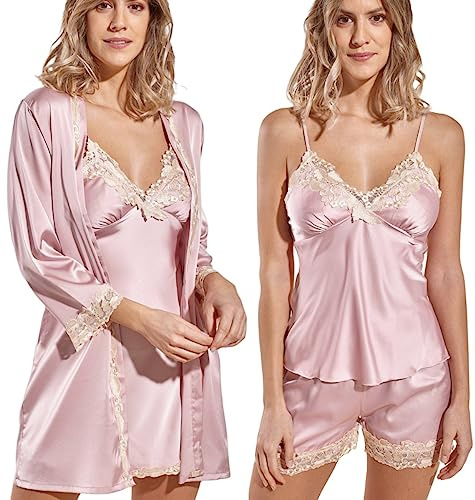 Laura in - Pijamas Mujer de Seda Satén Conjunto de 5 Piezas de Color Liso con Encaje Bordado Elegante Sexy y Suave. RosaS-1103