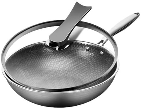 QUSYZD Woks y sartenes para saltear: Wok de Acero Inoxidable con Tapa de Vidrio, sartén Antiadherente Redonda de 12,6 Pulgadas, Wok de Cocina sin Revestimiento químico con Tapa de Olla,