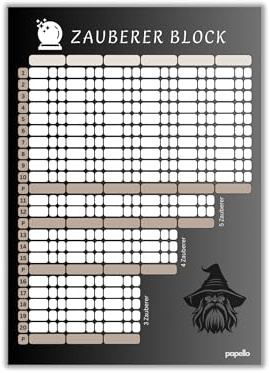 papello Zaubererblock A5 – Stichkartenspiel Spielblock, 50 Blatt 1er-Pack | A5-Spielblock, 50 Blatt: 2 Felder je Runde – Ansage & Stiche getrennt – für 6 Spieler, 20 Runden, Recyclingpapier