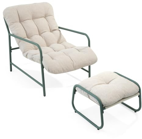 Crystals Garden Lounge Chair with Footstool, Metal Outdoor Relaxer Chair with Cushioned Seat & Back, Patio Armchair for Garden, Balcony, Conservatory & Terrace, Light Grey