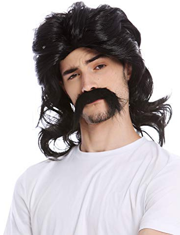 WIG ME UP - 91098-ZA103 Perücke Bart Herren Schnauzbart lang Gallier Germane Barde Proll Prolet 70er Jahre Vokuhila Schwarz