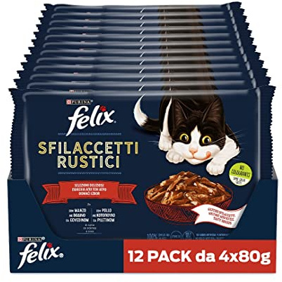 Felix Purina Sfilaccetti Rustici Cibo Umido per Gatti con Manzo e Pollo, 48 buste da 80g