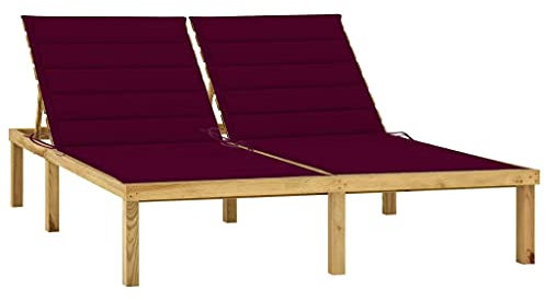 YITHOPI Rustikal Doppel-Sonnenliege,Holz Sonnenliege,Liegestuhl,Gartenliege,Rückenlehne Verstellbar,für Terrassen,Veranden,Hinterhöfe,Balkone,Pools,mit Weinroten Auflagen Kiefer Imprägniert
