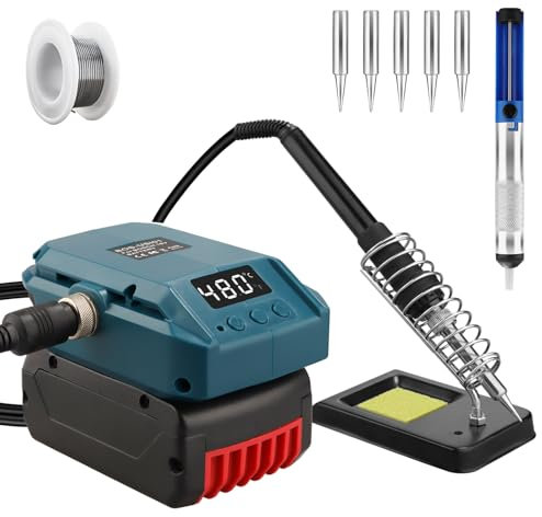 Cordless Soldering Iron Set for Bosch Professional 18 V System GBA Battery, 60 W LCD Adjustable Temperature 180-480 °C, with On/Off Switch, Suction Rod, 50 g Soldering Wire, Soldering Iron Stand for