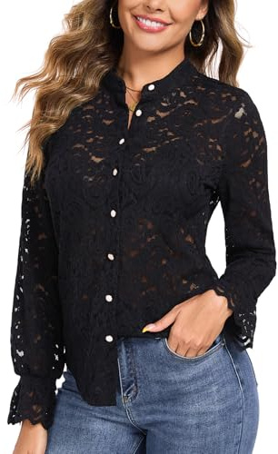 WOWENY Chemisier en dentelle pour femme - Manches longues - Élégant - Col à revers - Blouse en dentelle - Haut décontracté - Chemisier transparent, Noir , L