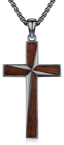 REDSUN Holzkreuz Kette S925er Sterling Silber Großes Kreuz Anhänger Ebenholz Schutzamulett Halskette Schmuck für Männer Herren Frauen 22+2'' Edelstahlkette