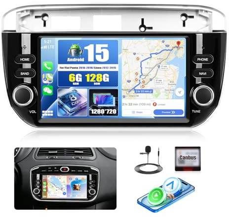 8-CORE 6+128G CAMECHO Android 15 Carplay Autoradio per Fiat Punto 2010-2016/Linea 2012-2015, DSP, 7 CarPlay Stereo con Schermo Bluetooth Android Auto GPS WiFi FM/RDS 32EQ Mirror Link
