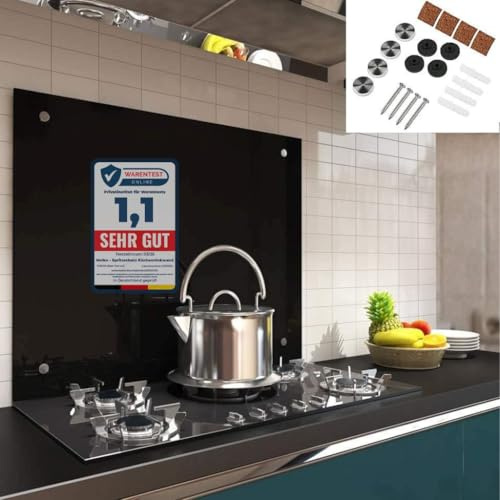 Melko Küchenrückwand Spritzschutz 70x40 cm ESG-Sicherheitsglas 6 mm Schwarz | hitzebeständig und kratzfest, Nano-Versiegelung, inkl. Befestigungsset mit Wandpuffern, polierte Kanten, für Herd und Bad