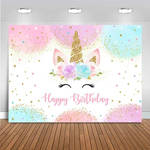Mocsicka Unicorn Birthday Decorations Backdrop for Girls Party 5x3ft Pastel Rainbow Glitter Stars Dots Happy Birthday Banner Photo Booth Props