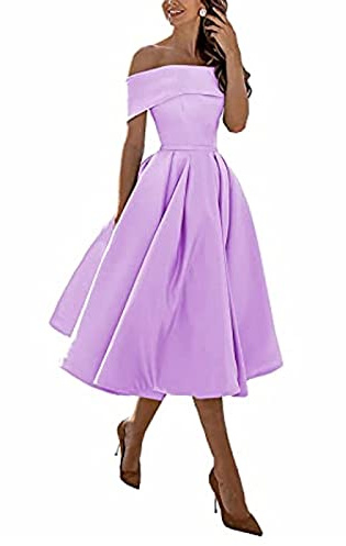 yhfshop Knee Length Prom Evening Dresses,A-line Satin one-Shoulder Three-Quarter Skirt,Lilac,US6,Wedding Guest Party Cocktail Dress