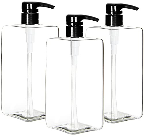 Youngever 3 Pack 1000ML Pump Bottles (1 Liter), Empty Shampoo Pump Bottles, Plastic Square with Lockdown-Leak Proof-Pumps (Black Pump)