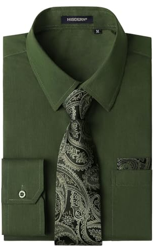 HISDERN Herren Hemd Grün Langarm Einfarbige Hemden mit Krawatte und Taschentuch Formelle Businesshemd Hochzeit Freizeithemd mit Tasche Regular Fit XXL