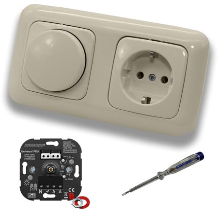 EBROM 1002 Universal PRO LED Drehdimmer Dimmer + Busch Jäger Dimmerscheibe 2115-212 und Steckdose 20EUC-212 in DURO2000 cremeweiß glänzend inklusive EBROM Phasenprüfer zur Montage der Geräte