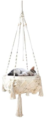 Macrame Hanging Cat Hammock, Handwoven Basket Bed with Tassel for Sleeping, Playing, Climbing, Lounging, Indoor/Outdoor Window Perch, Wall Hanging Decor Pet Gifts (45 cm)
