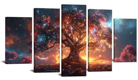 JOSUE 5 Pcs Quadri Albero Della Vita Albero astratto Quadri Moderni Stampa Su Tela,Oro, blu Quadri Per Soggiorno Capezzale Camera Da Letto Cucina Ufficio-80x150cm Incorniciato