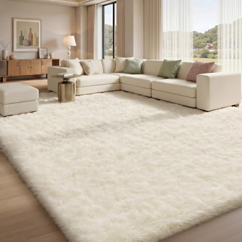 Sour Lemon Hochflor Teppich Groß, Creme Teppich Wohnzimmerteppich 275x370cm | Teppiche Schlafzimmer Flauschiger Teppich Waschbar Anti-Rutsch Extra Große Carpet Teppichen für Schlafzimmer Kinderzimmer