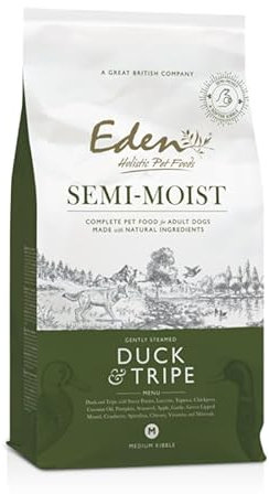 Eden Semi-Moist Duck & Tripe 10kg Kibble. Complete Premium Dry Dog Food for Adult & Senior Dogs. Soft kibble, great for fussy dogs, includes superfoods: Spirulina, green-lipped mussel, cranberry