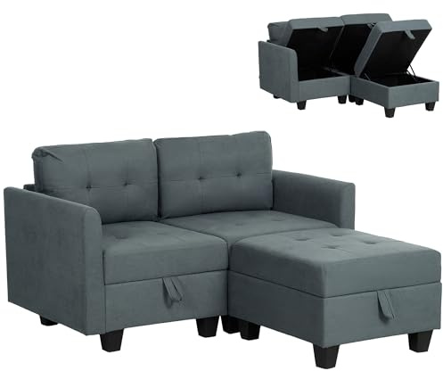 HOMCOM Convertible Modular Sectional Sofa with Storage, Tufted 2 Seater Sofa Set, L Shaped Couch with Ottoman, Wood Frame for Living Room, Dark Grey