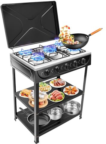 ACROSSPART Cocina de gas portátil de 5 quemadores, estufa de gas portátil para camping, cocina de gas independiente con estante de almacenamiento de 2 niveles y control de temperatura individual