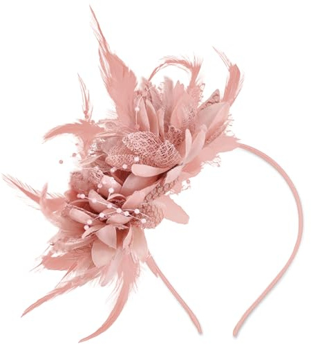 AWAVM Rosa Fascinator för kvinnor, fascinerande hatt med fjädrar och nät, blommigt pannband med blommor för kvinnor och flickor, håraccessoarer för halloween, karneval, bröllop och fester