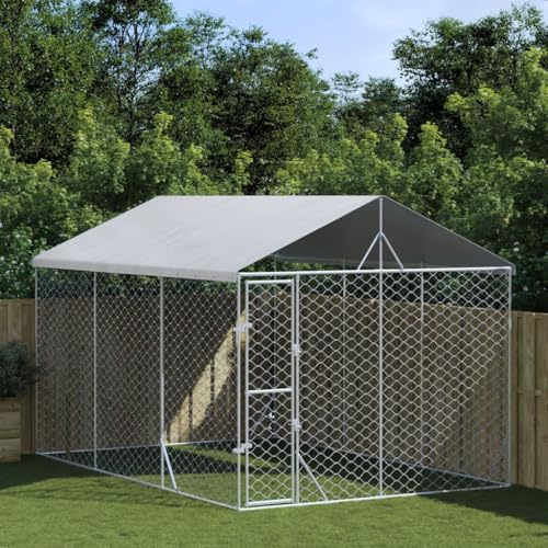 HOMEELIKE Outdoor-Hundezwinger mit Dach Silbern 3x4,5x2,5m Stahl Verzinkt