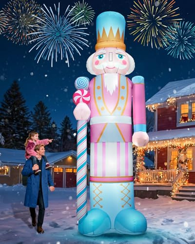 zukakii Cascanueces Inflable Gigante de Navidad de 12 pies, Enorme decoración de Navidad Rosa para Exteriores, bastón de Caramelo, decoración de Patio Grande Inflable con Luces LED Brillantes para