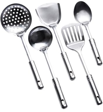 LIFKOME 5 piezas Utensilios Cocina Acero Inoxidable con Cuchara Espátula Pala Colador y Cucharón Mangos Ergonómicos y Diseño para Colgar Set Utensilios Cocina Duradero y Fácil de