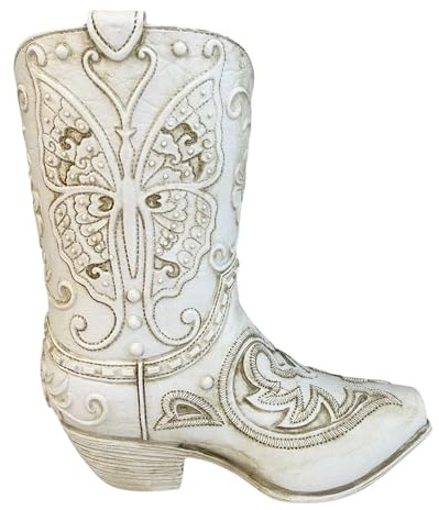 Top Brass Butterfly Boot Vase – Resin Cowboy/Cowgirl Boot Decor - Antique White Finish, Tooled Leather Look, Protective Pads, Modern Rustic Western Flower Holder, 7” Tall
