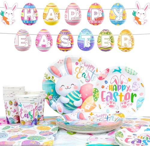 Happy Easter Party Supplies, Serves 20 Easter PartyTableware Set Includes Easter Plates and Napkins Tablecloth & Happy Easter Banner etc Bunny Birthday Decorations Supplies
