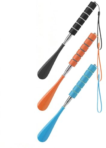 Yoezuo 3 Pcs Calzador de Zapatos Largo, Calzador Telescópico 30-70 cm, con Asa antideslizante y Cordón para Hombres, Mujeres, Niños y Mayores (Negro, Azul, Naranja)