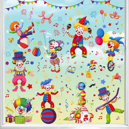 9 Blätter Karneval Deko,Fensterbilder,Clown Deko Fenster Fensteraufkleber Fasching Selbstklebend Fensterbild Sticker Kinderzimmer Abziehbilder,FüR Party Kinderzimmer Schaufenster Dekoration