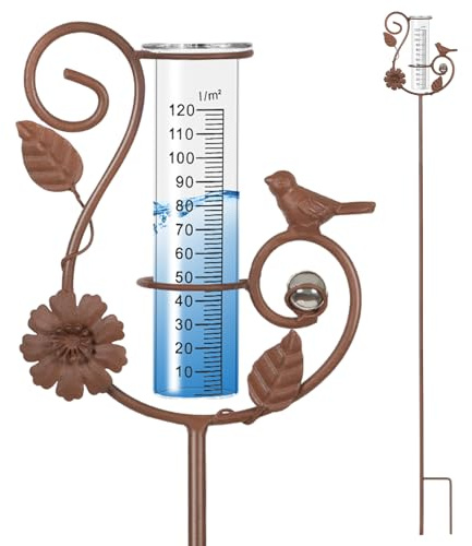 Optyuwah Rain Gauge for Garden, Garden Decoration, Rainfall Meter with Rod, Height 110 cm, Rain Water Measurement with Flowers, Birds, Balls, Leaves and Plug, Gauge