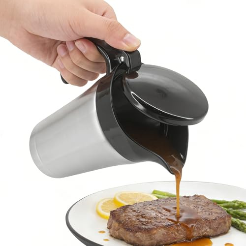 Seahelms Double Wall Insulated Gravy Boat/Jug, 750ml Stainless Steel Serving Jug with Hinged Lid, Thermal Sauce Boat for Gravy, Cream, Custard