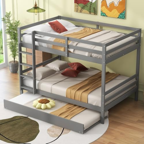 MUZHIXIANG Stabil våningssäng våningssäng för barnrum med utdragbar säng trappa högt räcke extra sovplats platsbesparande familjesäng med ribbotten (grå + tall + 140 cm x 200 cm)