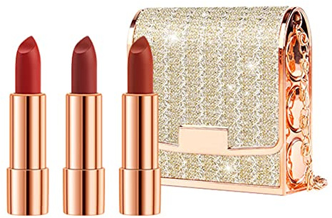 Newvenper Matte Lipstick Set 3 Colors Lip Stick with Chain Bag Package Velvet Lip stick Gift Box Set Waterproof Non-Stick Cup Long Lasting Retractable Lipstick Set 3.5gx3 Pcs, Silver