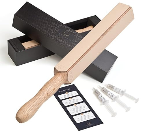 SCHWARTZHIRSCH® Gipfelglätter – Der 4-seitige Streichriemen aus einem Stück Eiche mit Diamantpasten im Set (Abziehleder, ergonomischer Griff, Geschenkverpackung)