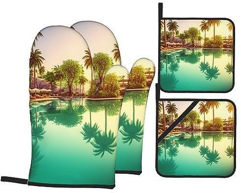 Hotel Resort Pool Ofenhandschuhe und Topflappen, Set mit 4 hitzebeständigen, rutschfesten Küchenhandschuhen und heißen Pads zum Kochen, Backen, Grillen, Grillen, Geschenke