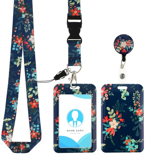 Amabro Blumen Ausweishalter mit Umhängeband, einziehbarer Ausweishalter mit verstellbaren Umhängebändern langlebiges Umhängeband für Büros Mitarbeiter Studenten Angestellte Lehrer (Navy blau)