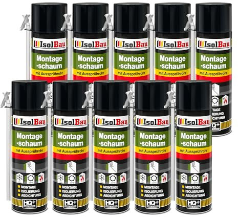 Isolbau B2 Montageschaum mit Aussprührohr - 10 x 500 ml PU-Bauschaum für Montage, Isolierung, Abdichtung, Innen & außen