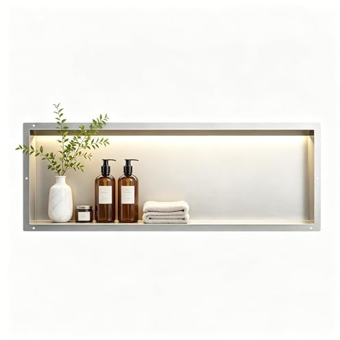 Bernkot Wandnische Dusche Edelstahl, wasserdichte Nische mit LED-Licht | Eingebettete Duschnische 30x90x10cm, Einzelbett Duschnische, Eingebettete Lagerung im Duschraum, gebürstet
