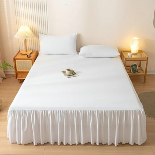 Mesnt Bettvolant für Boxspringbett, 180 x 200cm Chemiefaser Einfarbig Bettrock Bettvolant mit 2 Kopfkissenbezügen MatratzenüBerzug, Weiß