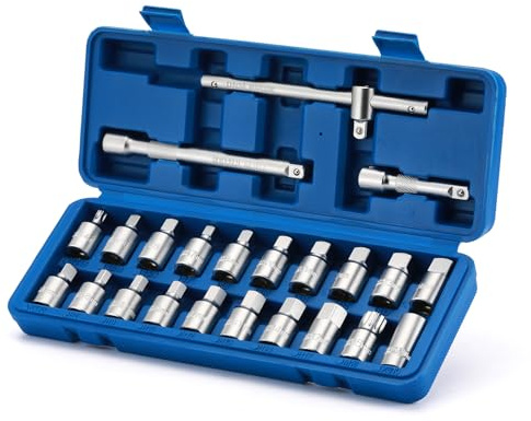 CASOMAN 23tlg 3/8 Öldienstschlüssel Öldienst Ölablassschrauben Set mit VW BMW usw | Ölwannen Steckschlüssel-Satz, Chrom Vanadium Stahl, 6 - Kant, 12 - Kant/Vielzahn, kompatibel mit VW, Audi, Skoda