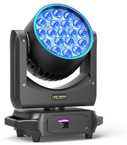 19 LED 285W Wash Lyre LED, RGBW 4 in 1 Lumière de Scène Professionnelle Zoom avec Bande Lumineuse pour Fête KTV Concert DJ Noël Mariage Célébrations