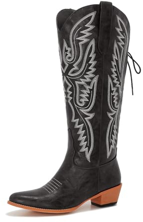 Black cowgirl boots women extra wide calf Adjustable Lace Up Knee High tall plus size cowboy boots western style Comfortable 2-inch heel Size 9 Wide