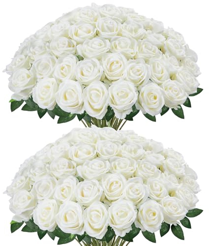 InnoGear 50 Pcs White Roses Artificial Flowers, Fake Velvet Silk Rose Bulk Faux Flower for Mother's Gift Decoration DIY Wedding Centerpieces Proposal Bridal Bouquets Party Floral Decor (50, White)