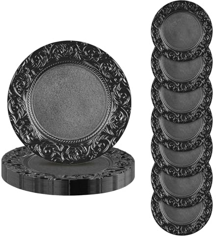 Dokiiovo 24 Pack Charger Plates, 33cm Reusable Dining Table Setting Plates, Retro Round Chargers, Service Underplates for Party, Wedding, Banquet, Restaurant (Black)