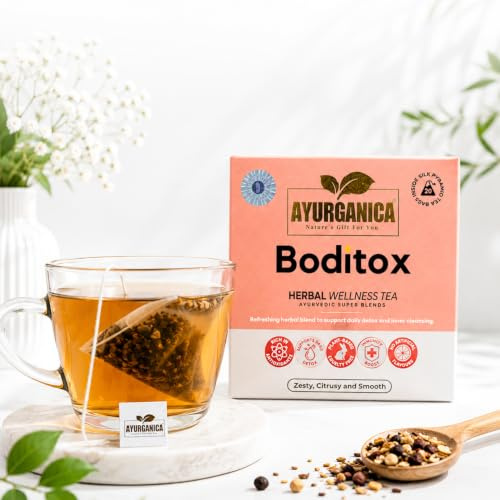 Ayurganica Boditox Herbal Tea with 9 Active Ingredients - 60 Counts – Detox Tea For Liver & Body Cleanse – Lemon Balm, Turmeric, Green Tea, Licorice & Lemongrass – Silk Pyramid Individual Tea Bags